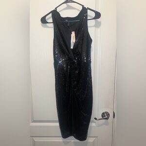 Aqua Black Sequin Sheath Dress Cowl Neck